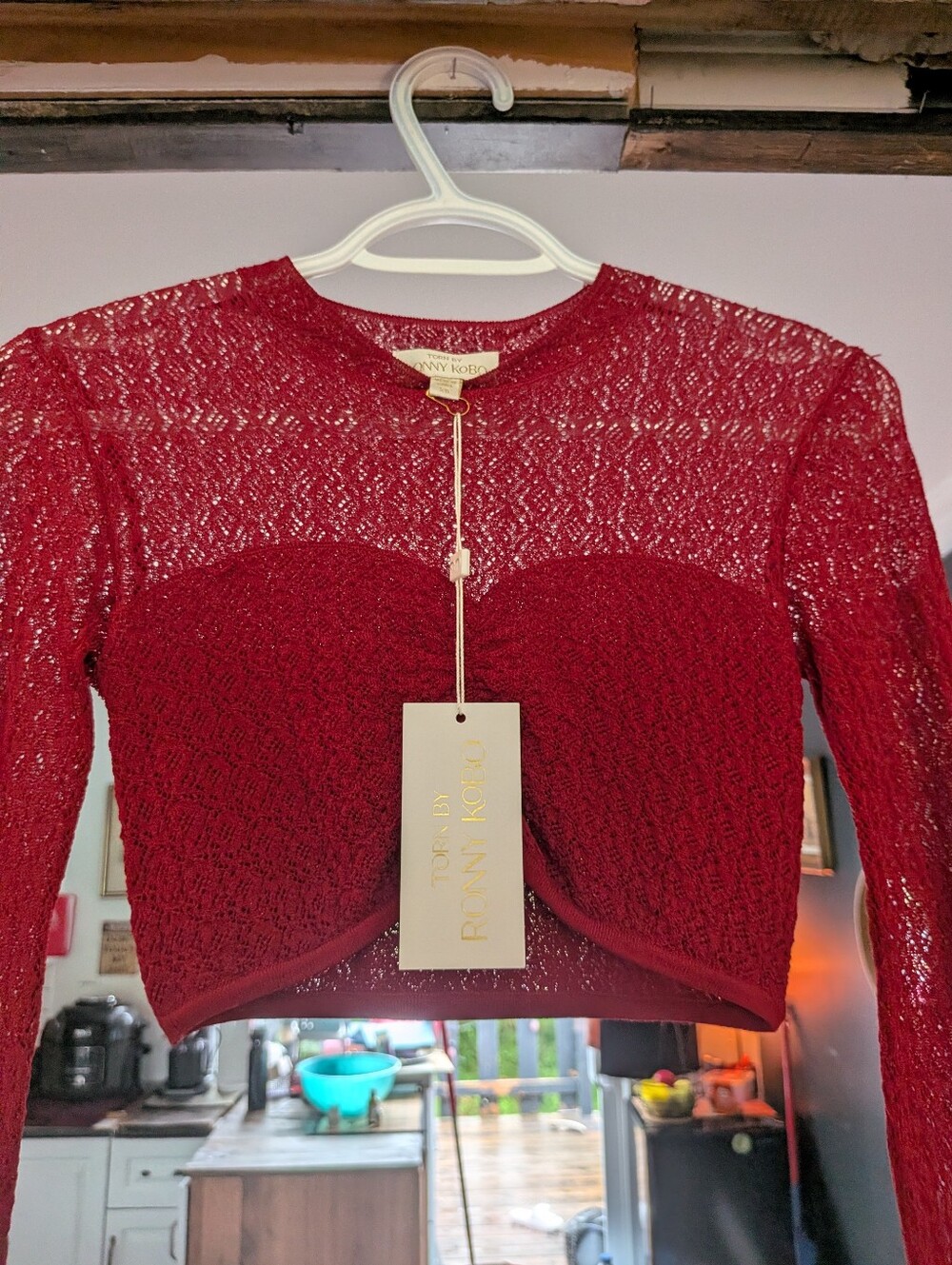 *NWT* Torn By Ronny Kobo Beverly Lace Long Sleeve Crop In Merlot XS